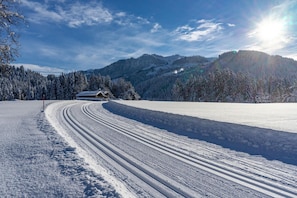 A snow-covered landscape with a wooden cabin and a clear sky.