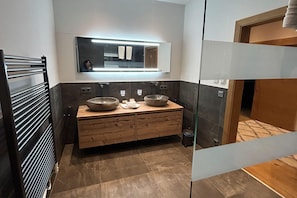 Shower, hair dryer, towels