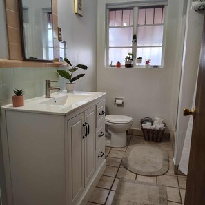 Hair dryer, towels, soap, toilet paper