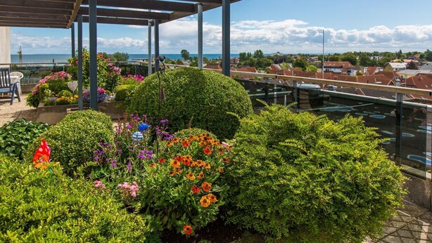 A balcony with a pergola, potted plants, and a view of the sea and buildings. - Berolina 314 - Sea whispers - "Sea whispers" with a view of the infinite (Dahme)