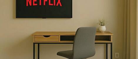 A hotel room with a bed, a desk with a chair, a wall-mounted TV displaying "NETFLIX", and a potted plant on the desk.