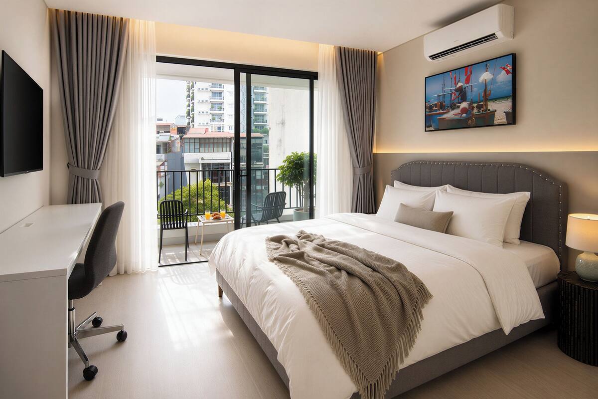 Camera d'albergo con un letto, una scrivania, una sedia e un balcone con vista sugli edifici.