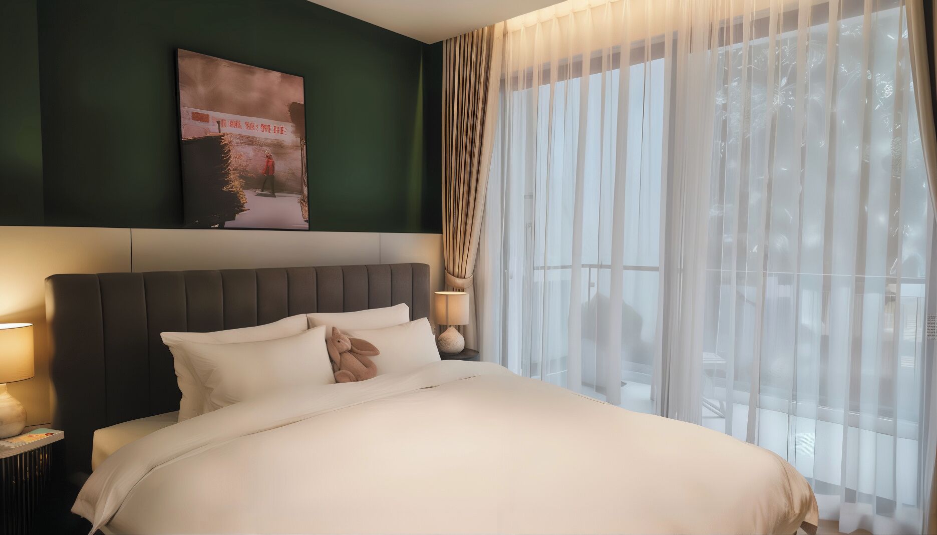 A hotel room with a large bed, a headboard, a nightstand, a lamp, a window with sheer curtains, and a wall-mounted artwork.