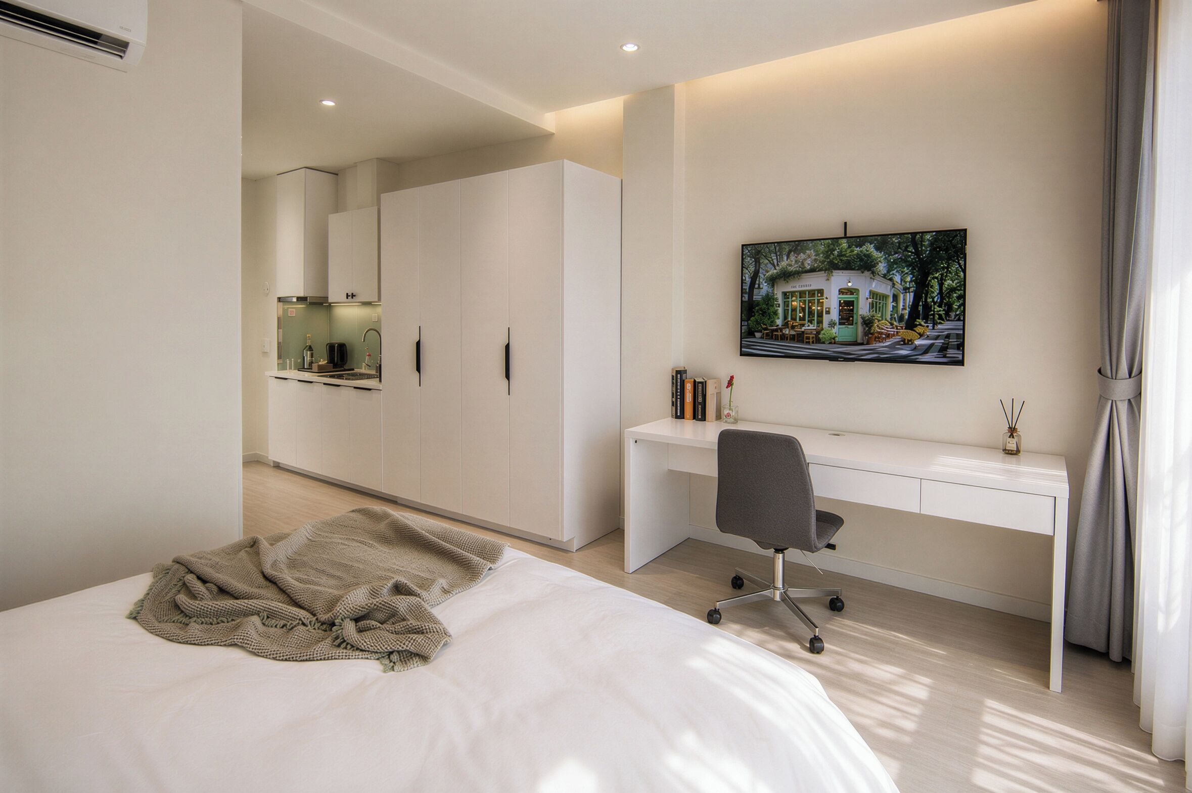 Une chambre moderne avec un lit, un bureau et une armoire.