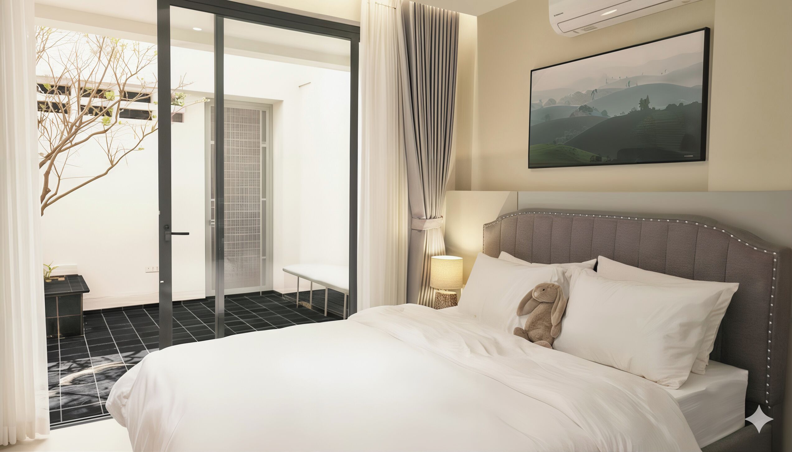 Estudio de lujo, vista a la ciudad | Ropa de cama de alta calidad y decoración personalizada 