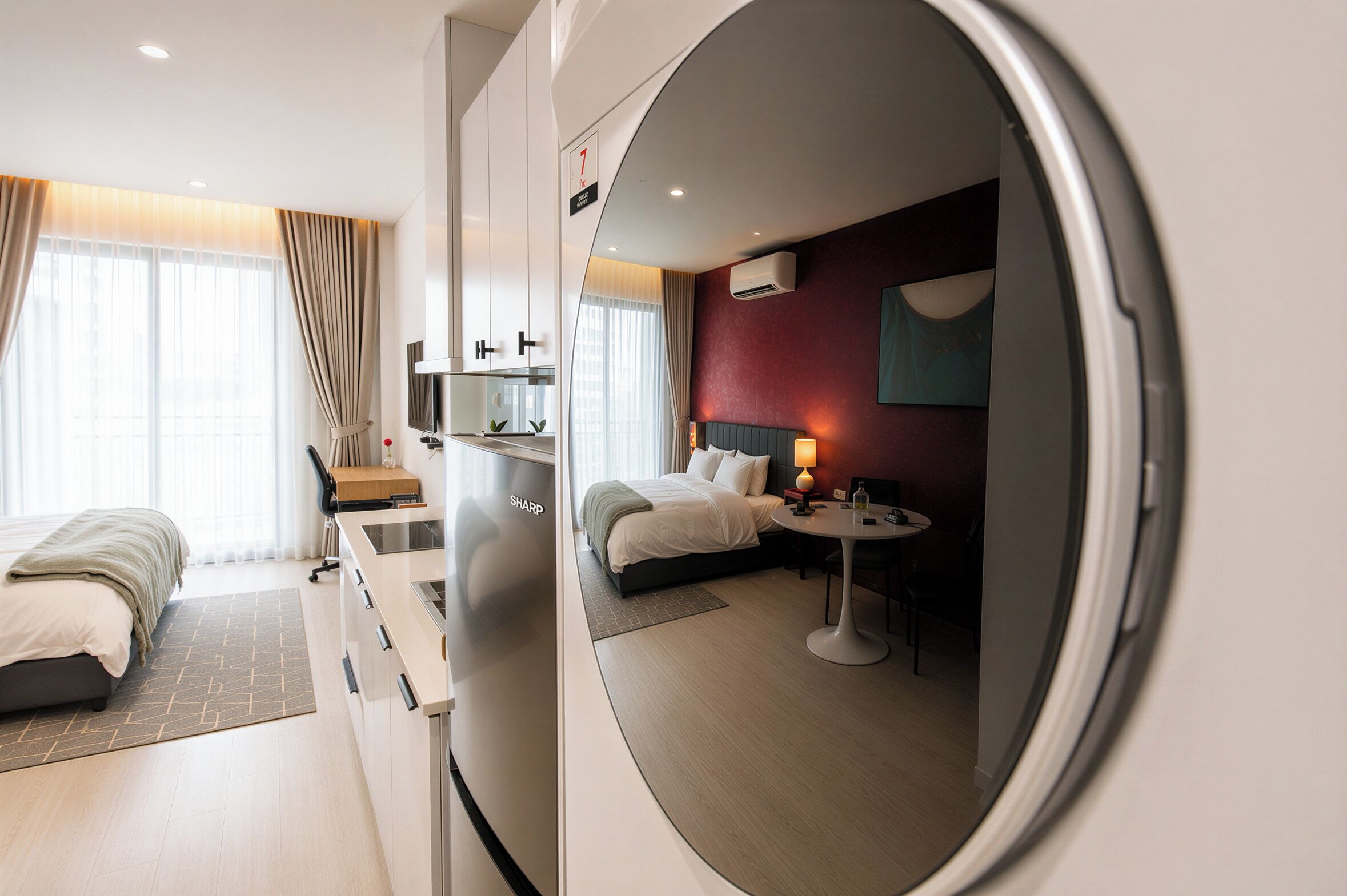 A hotel room with a bed, a desk, a chair, a lamp, and a wall-mounted air conditioner.