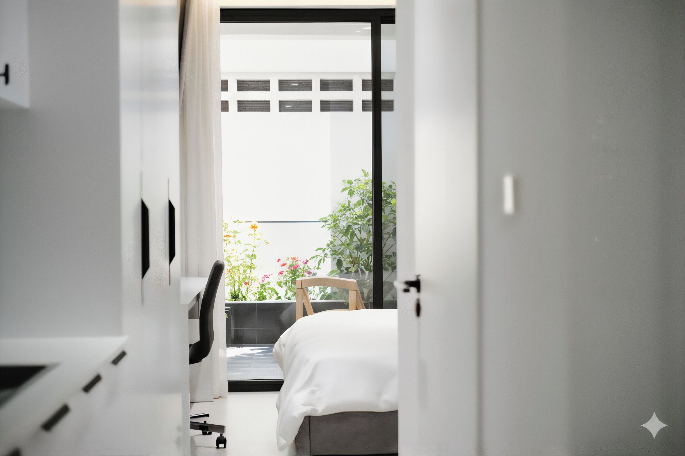 Una habitación de hotel moderna con una cama, una silla y vistas a un balcón con plantas y flores.