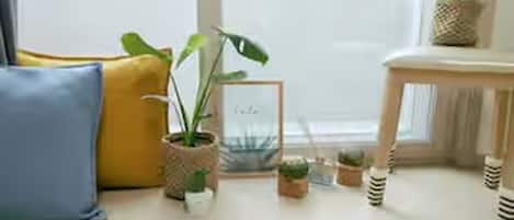 Una habitación acogedora con un ventanal grande, un sofá azul y amarillo, una mesita de madera y varias plantas en macetas.