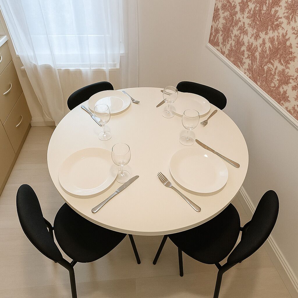 Una mesa redonda para comer con cuatro sillas, platos blancos, cubiertos y copas de vino dispuestas para cuatro comensales.