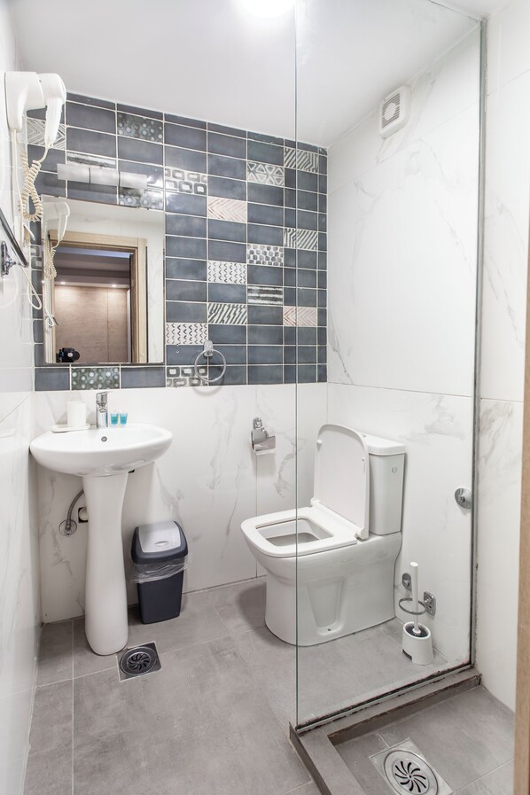 Une salle de bain avec un lavabo blanc, des toilettes et un espace douche.