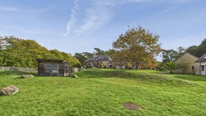 Un quartier résidentiel avec une pelouse verdoyante, un petit chalet en bois et un bâtiment en pierre.