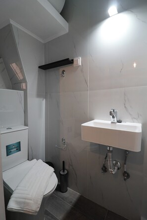 Un baño con inodoro blanco, lavamanos con resguardo de mármol y zona de ducha.