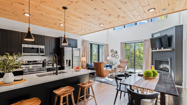 A modern kitchen with dark cabinets, stainless steel appliances, and a wooden ceiling. - Sevierville Retreat • Indoor Pool + Hot Tub + Firepit + Gym | Ridgeview Retreat (Sevierville)