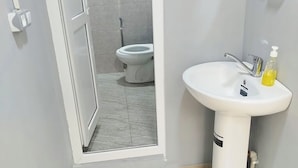 A bathroom with a white sink, a toilet, and a shower area visible through an open door. - Sabir iki (Baku)