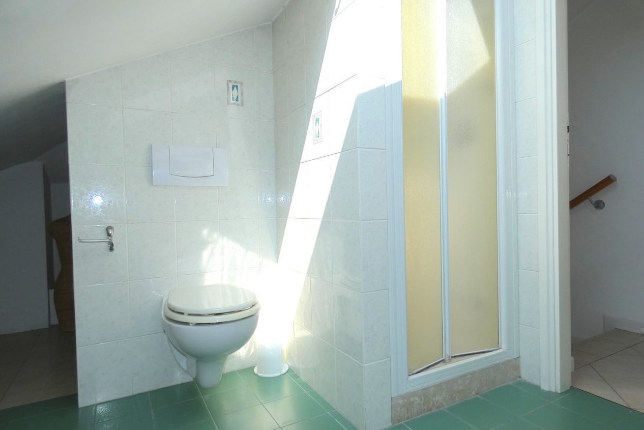 Ein Badezimmer mit Toilette, Handtuchhalter und Duschbereich.