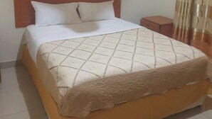 Habitación de hotel estándar con una cama individual, una mesita de noche, una lámpara de pared y una cortina.