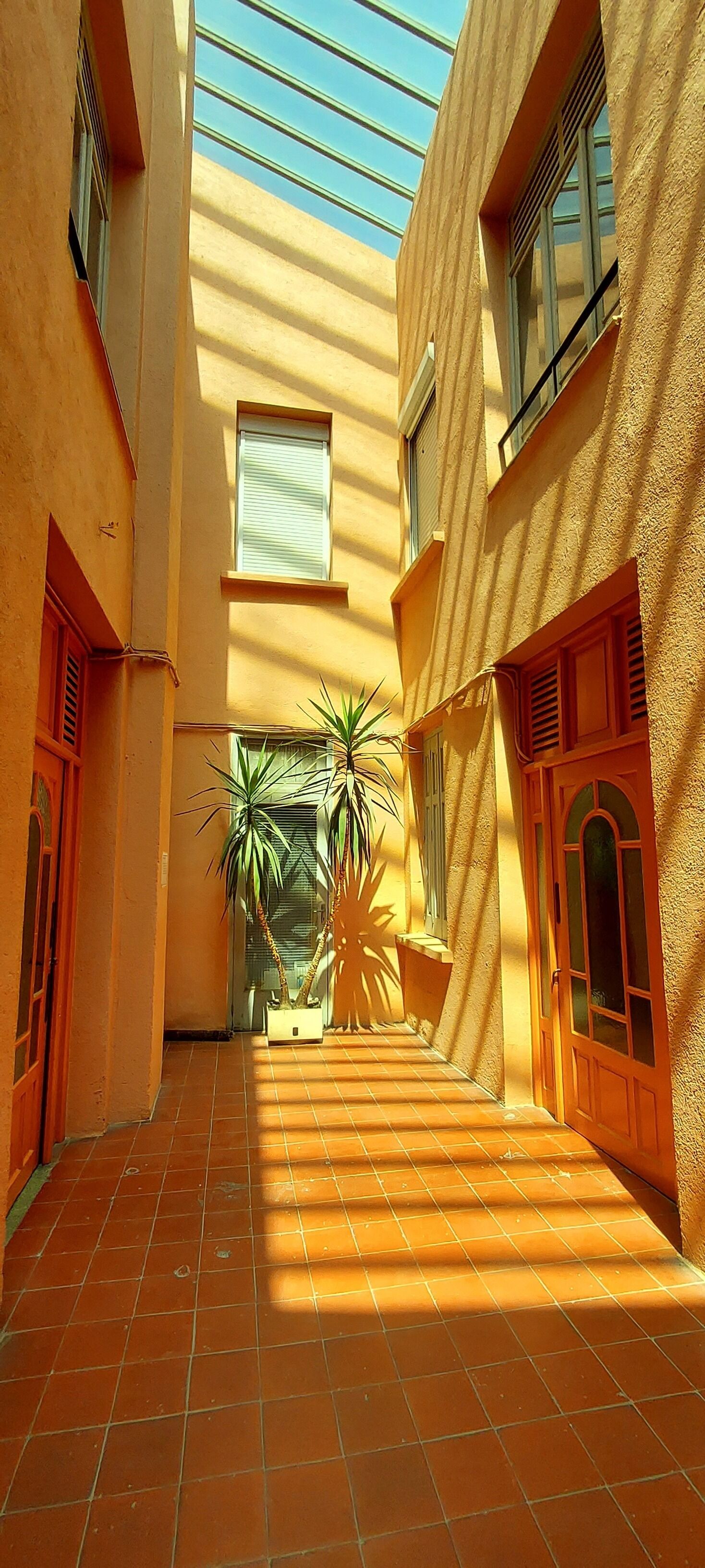 A narrow courtyard with tiled flooring, potted plants, and a sloped ceiling with skylights.