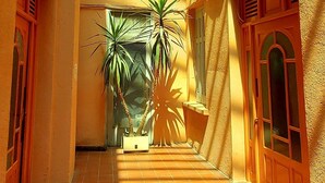 A narrow courtyard with tiled flooring, potted plants, and a sloped ceiling with skylights. - 6-person apartment ideally located on the quiet side of the port (Port-Vendres)