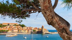 A coastal town with historic buildings, a fortified structure, and boats in the harbor. - 6-person apartment ideally located on the quiet side of the port (Port-Vendres)