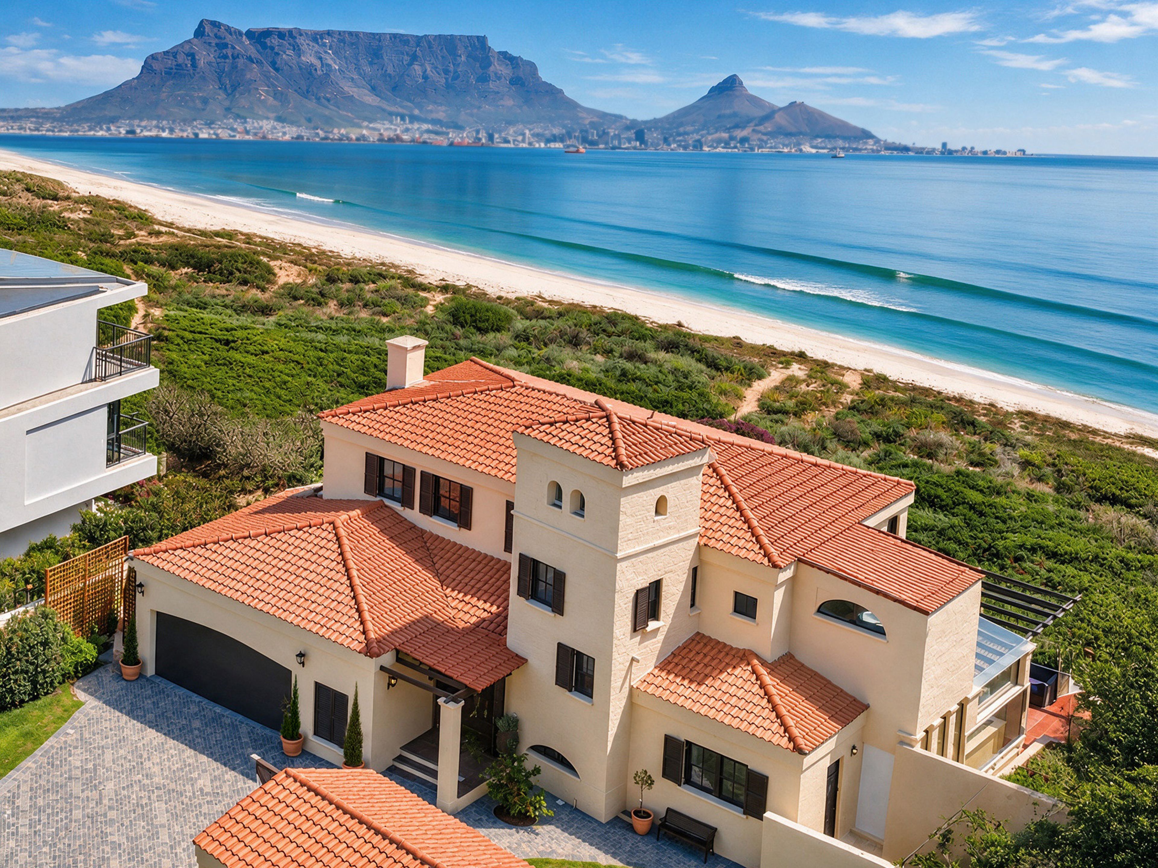 A coastal property with a two-story building, a paved driveway, and a view of the beach and mountains.