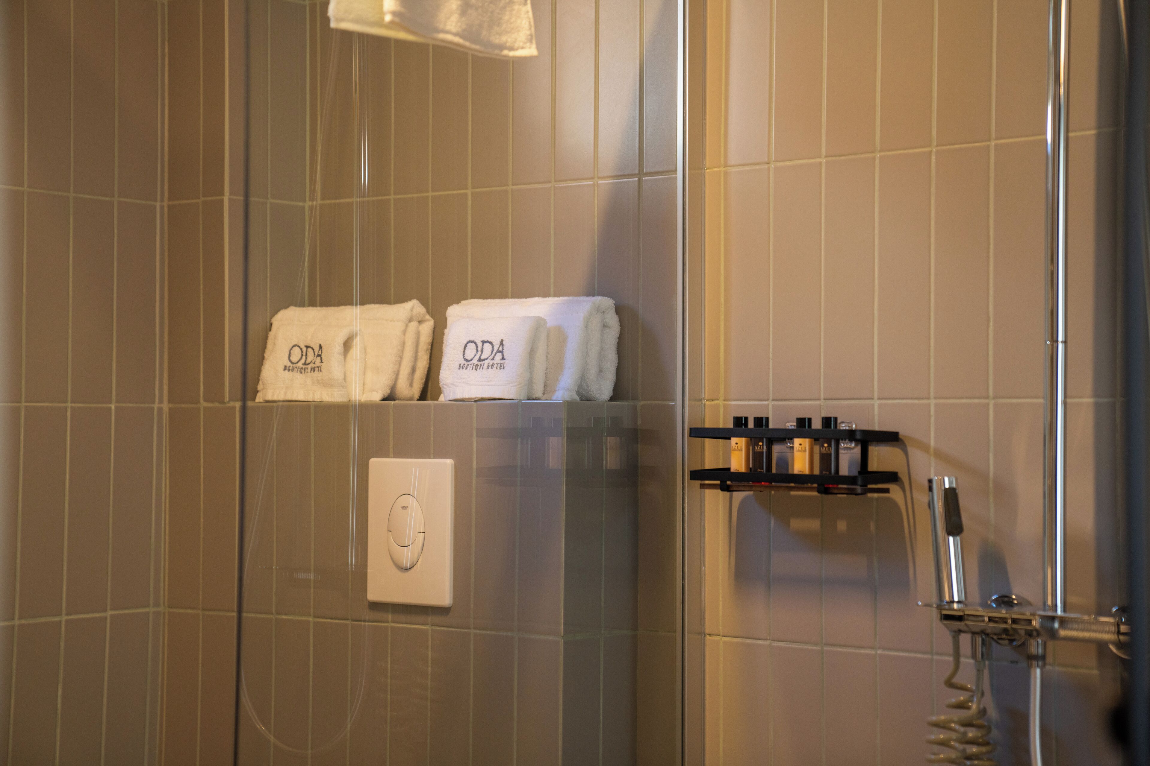 A bathroom with a glass shower enclosure, a towel rack with two towels, and a soap dispenser on a shelf.