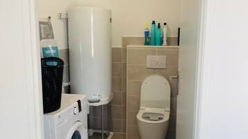 Regadera, secadora de cabello, toallas, papel de baño