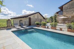 Seasonal outdoor pool, pool umbrellas, sun loungers
