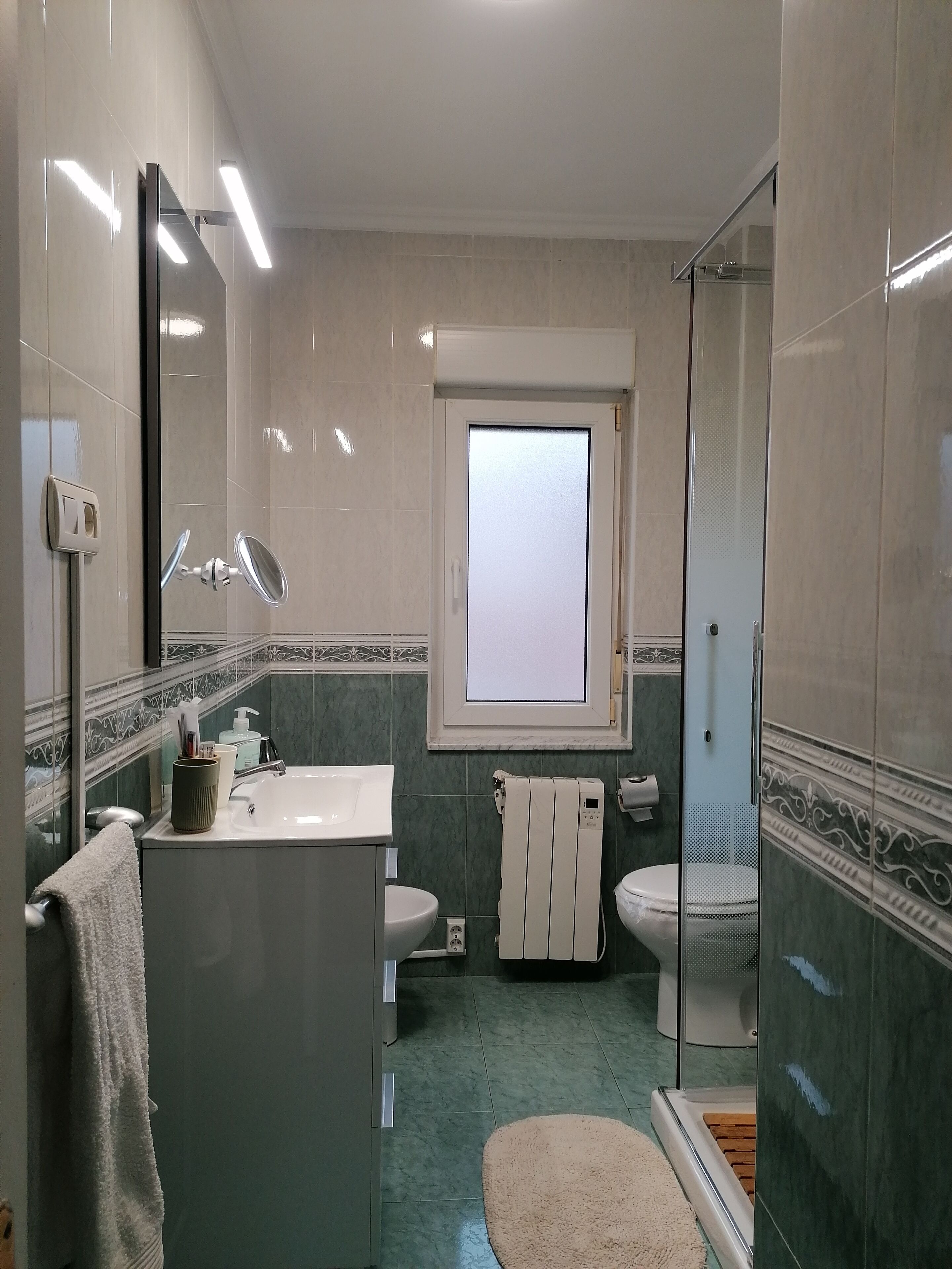 Regadera, secadora de cabello, bidet, toallas 