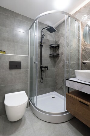 A modern bathroom with a glass-enclosed shower, a white toilet, and a vanity with a mirror. - The Sakartvelo House (Tbilisi)