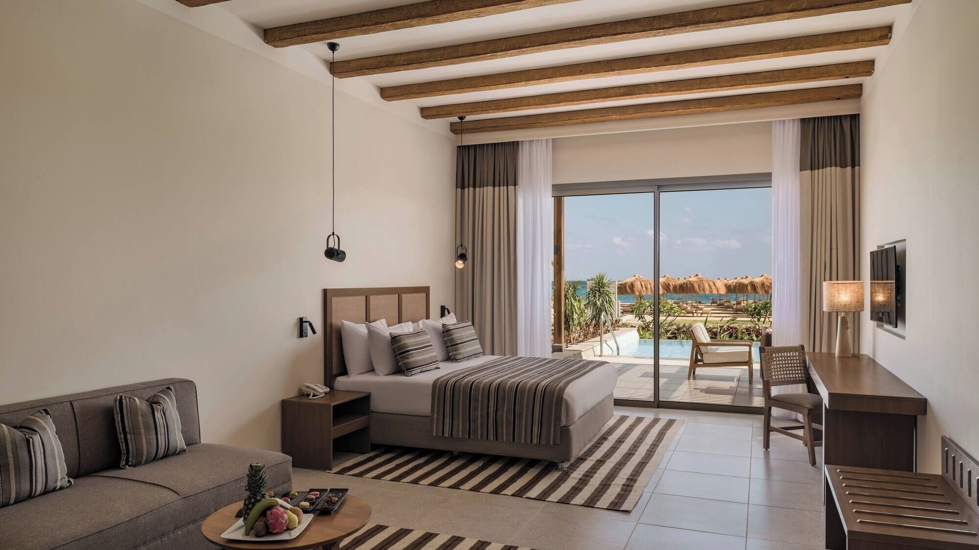Drift into sleep beneath warm wood beams and soft light.