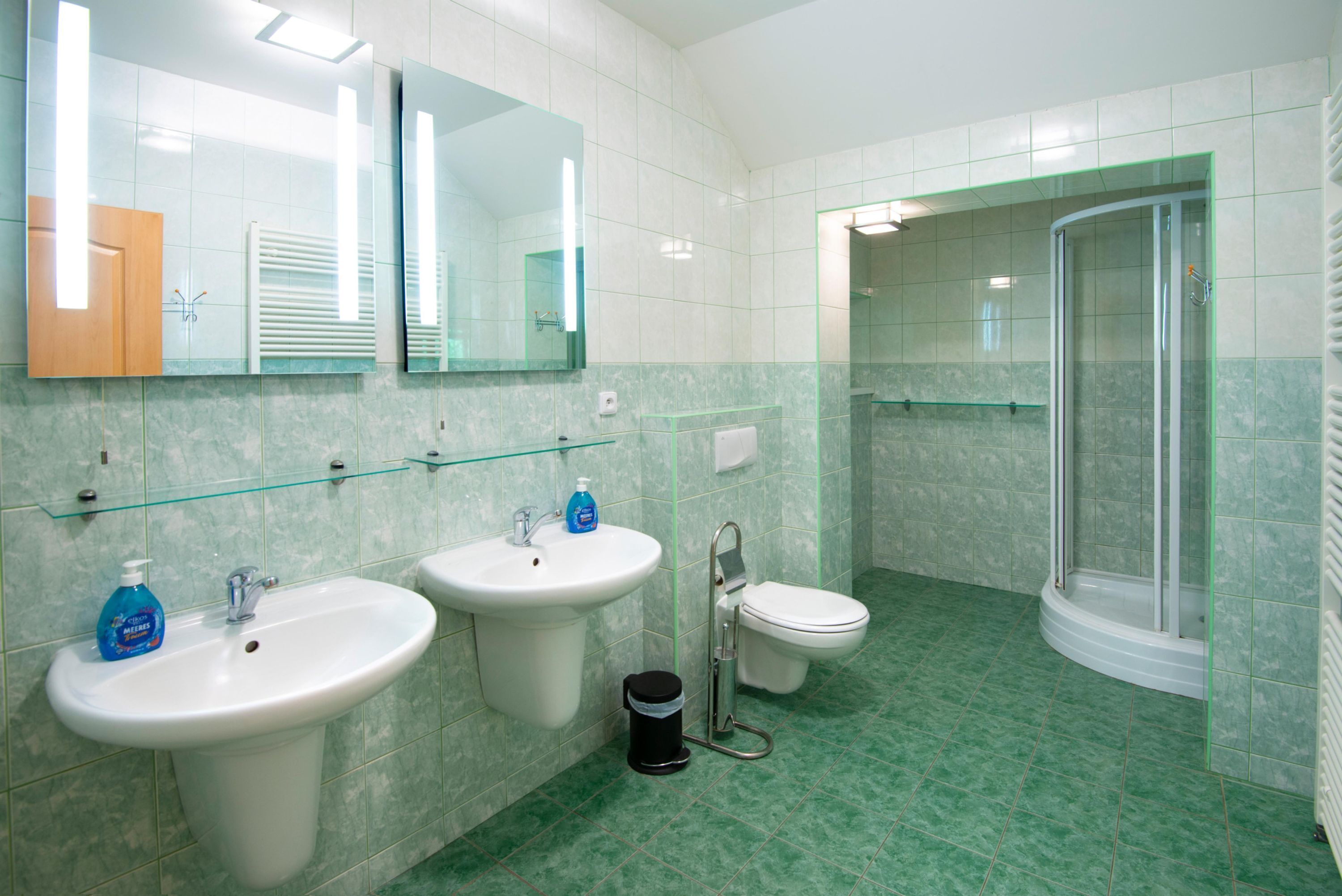 A bathroom with two sinks, a toilet, and a glass-enclosed shower.
