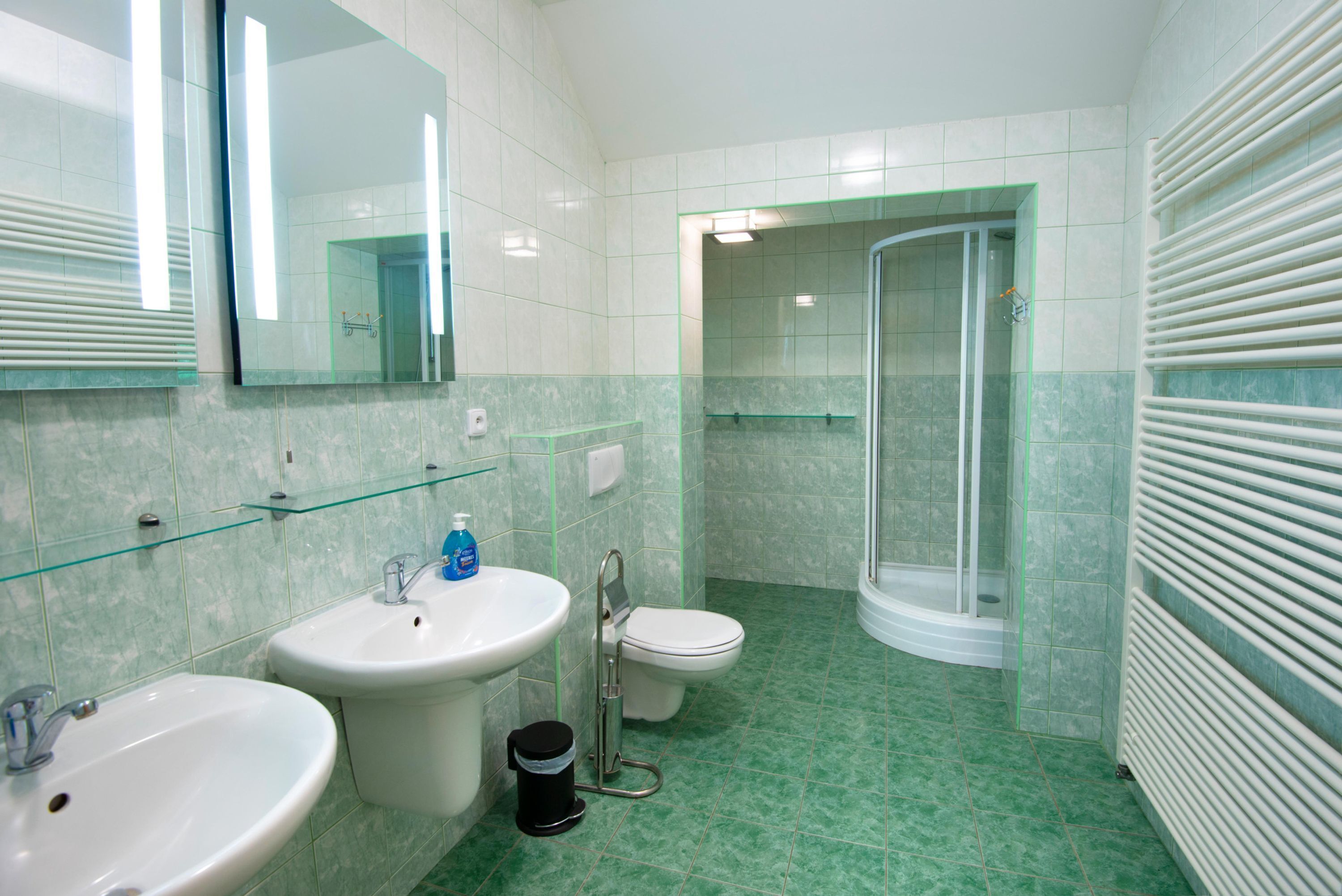 Casa de banho com duas pias, sanita e cabine de duche em vidro, além de um espelho.