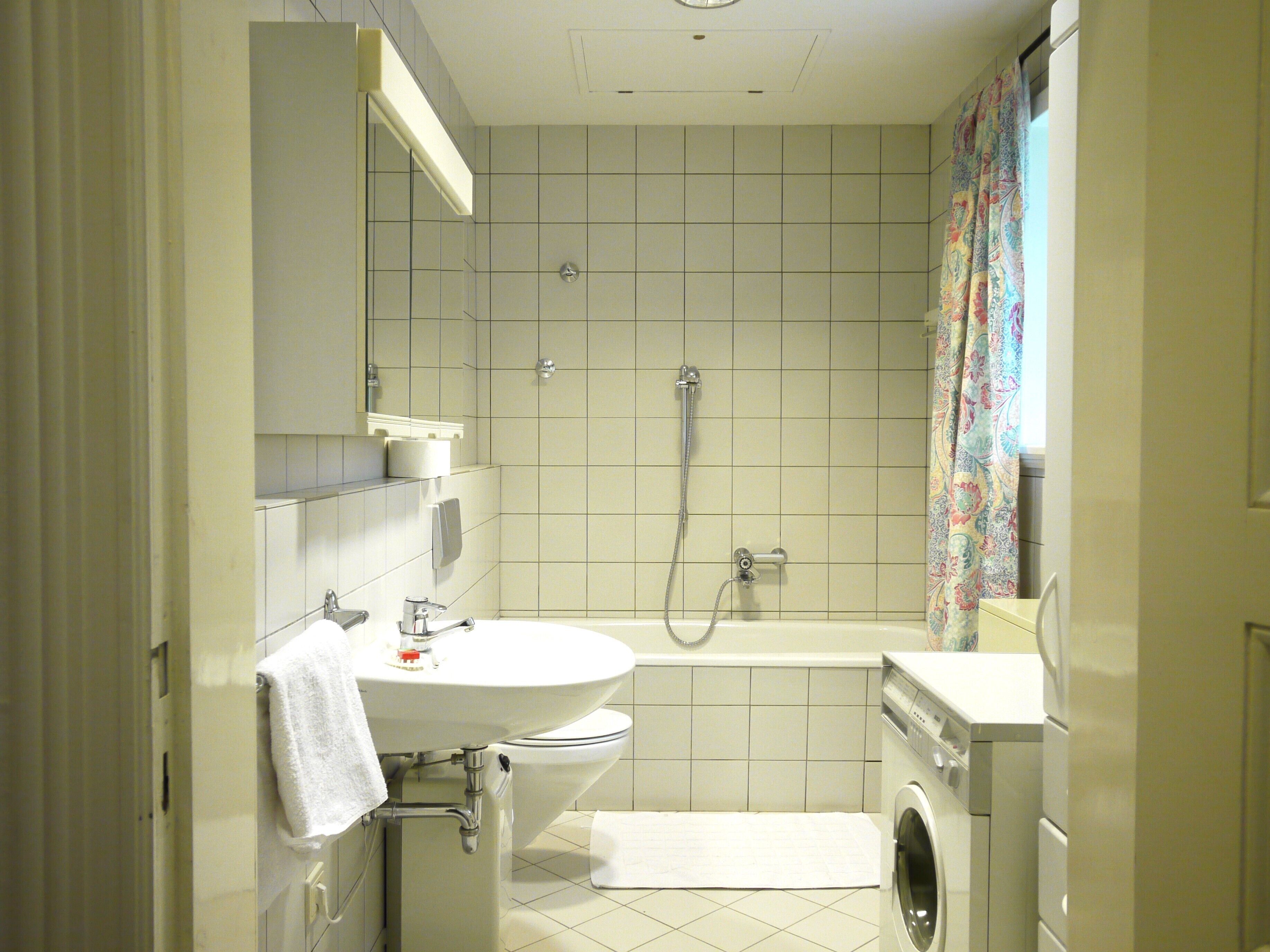Une salle de bain équipée d’un lavabo, de toilettes, d’une douche et d’un lave-linge.