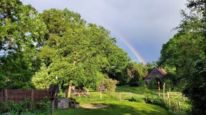 Un paysage rural avec une maison, une végétation luxuriante et un arc-en-ciel.