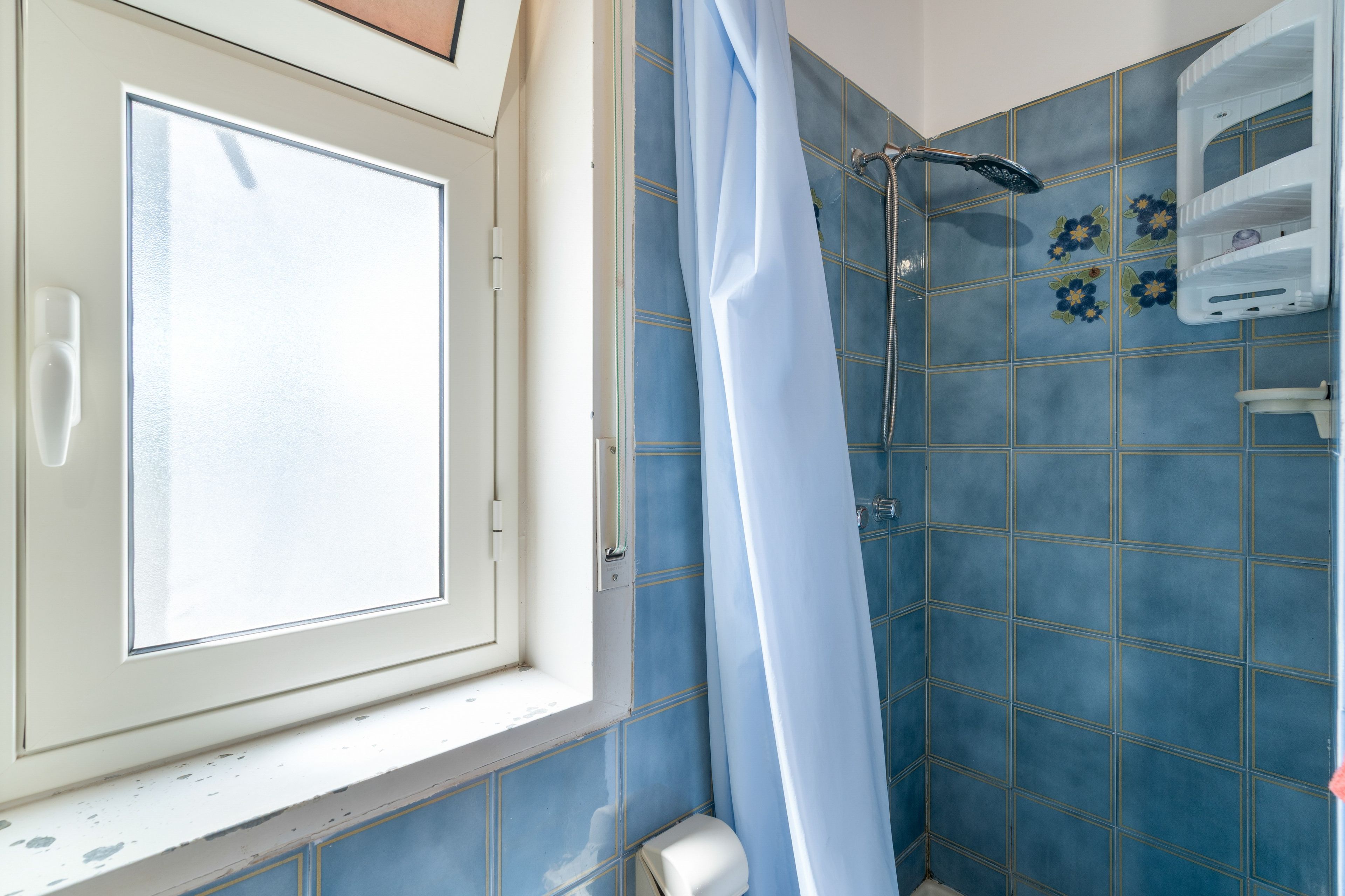 Une salle de bain avec une douche, des toilettes et une fenêtre.