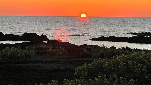A sunset over a rocky coastline with vegetation in the foreground. - Casa Orchidea with Veranda – Private Terrace, Wi-Fi & Air Conditioning (Costa Saracena - Castelluccio)
