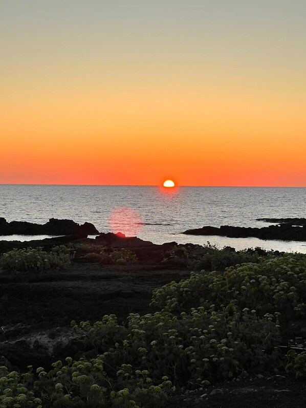 A sunset over a rocky coastline with vegetation in the foreground. - Casa Orchidea with Veranda – Private Terrace, Wi-Fi & Air Conditioning (Costa Saracena - Castelluccio)