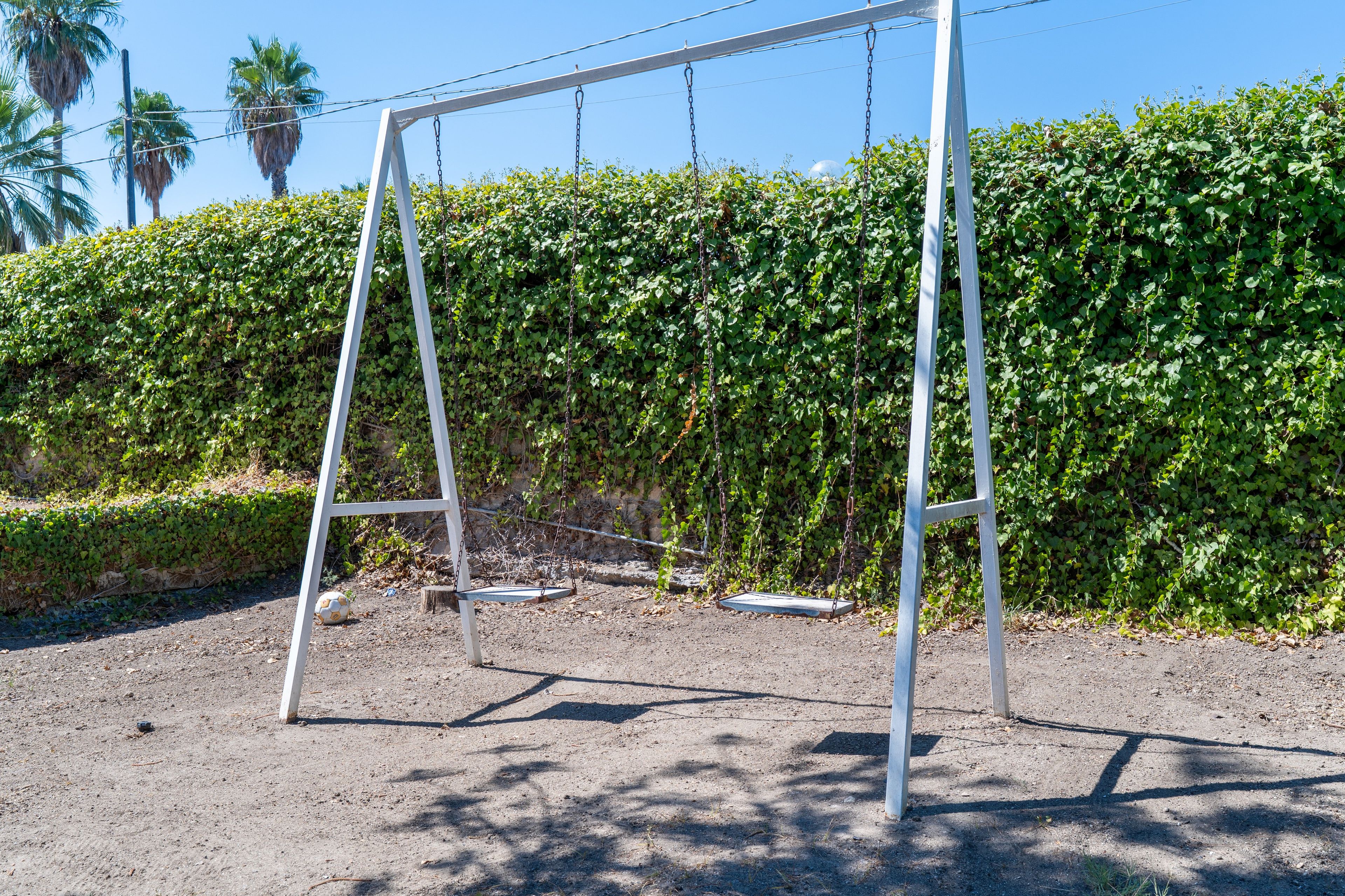 A swing set in a park with a hedge in the background.