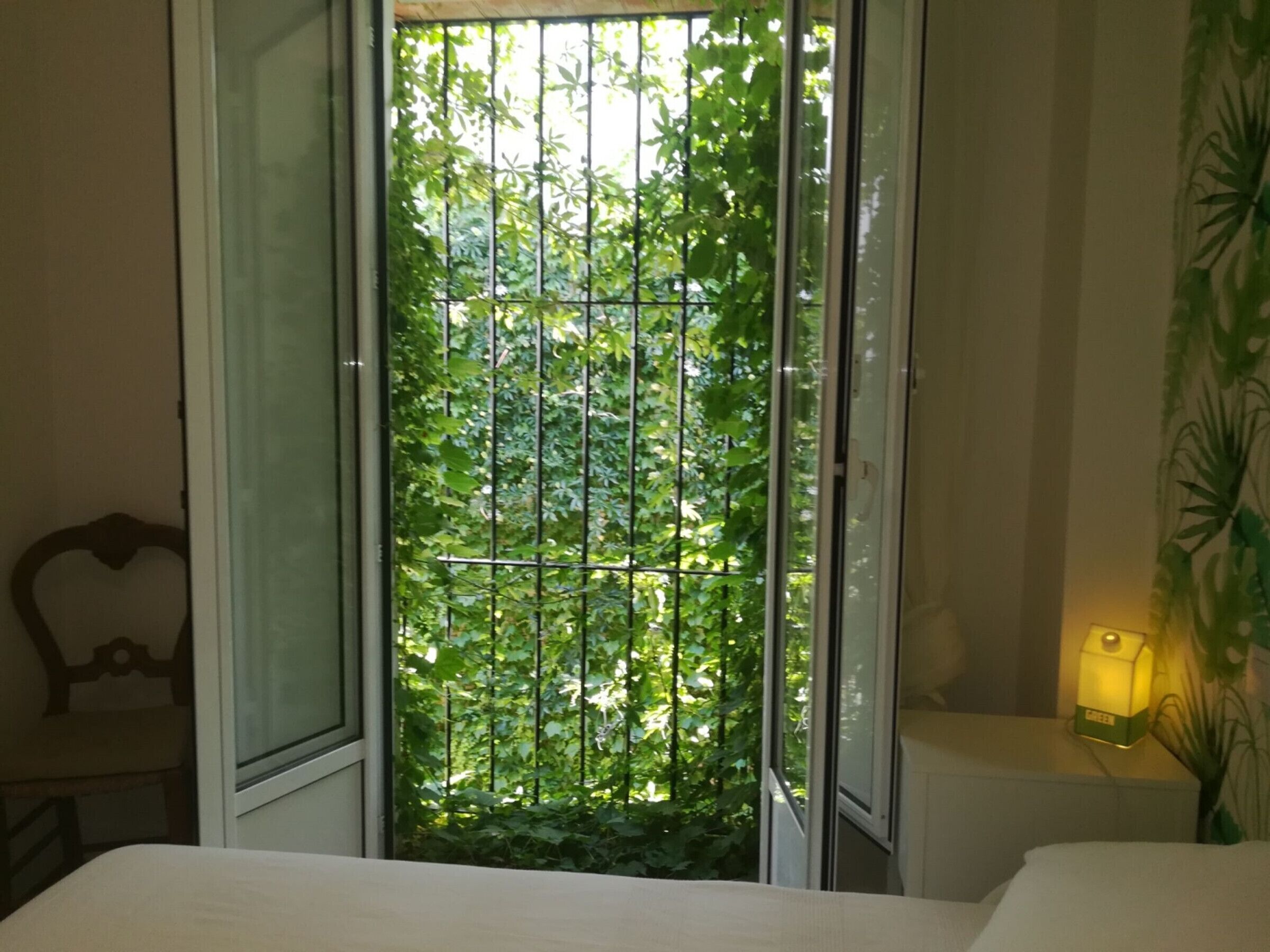 Una stanza con un letto, una sedia e una finestra vista verde.