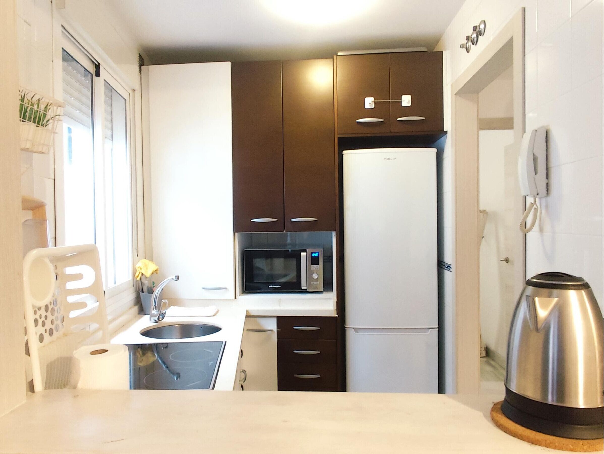 Fridge, microwave, coffee/tea maker, toaster