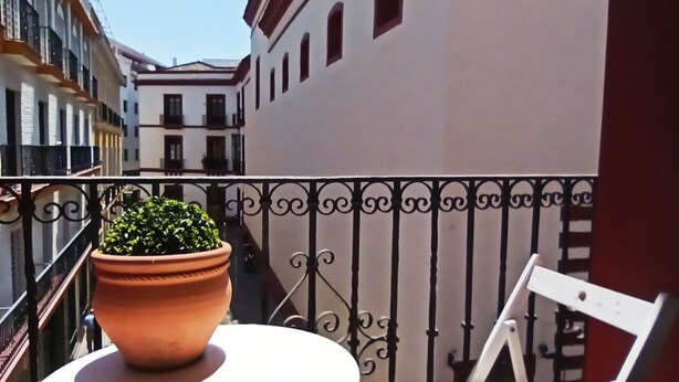 Ein Balkon mit einem Blumentopf, einem weißen Stuhl und einem Tisch.