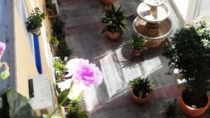 Une cour agrémentée de plantes en pot et d’une fontaine.