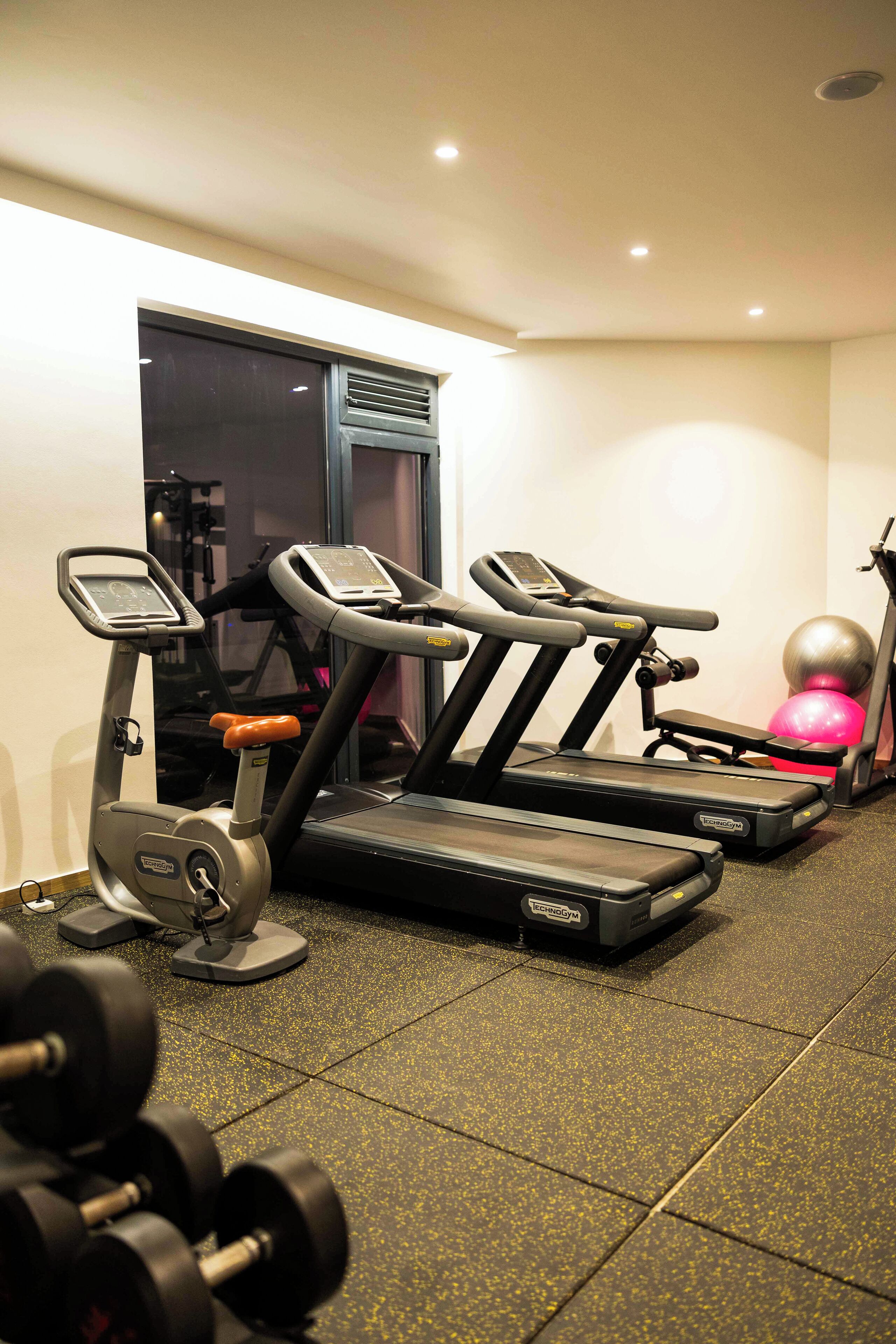 A gym with treadmills, a stationary bike, and a set of dumbbells.