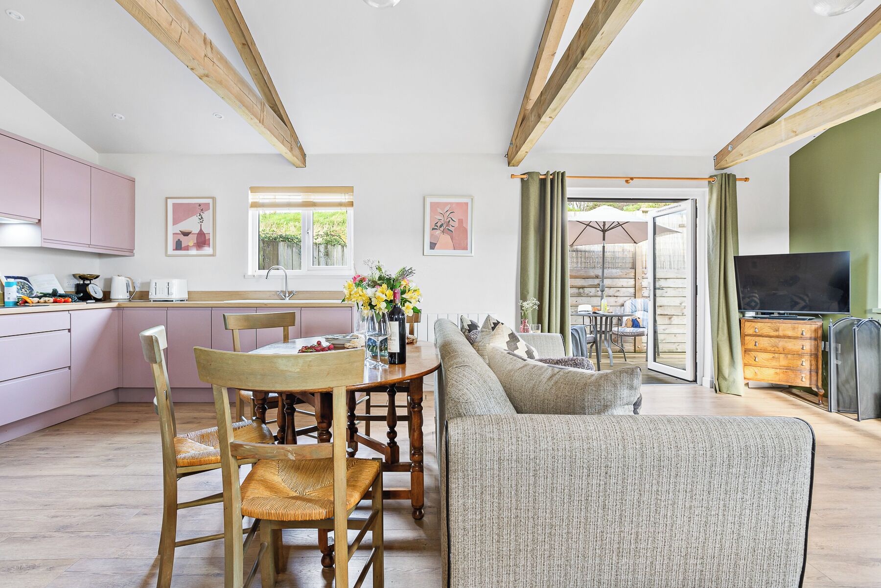 TV, fireplace, books