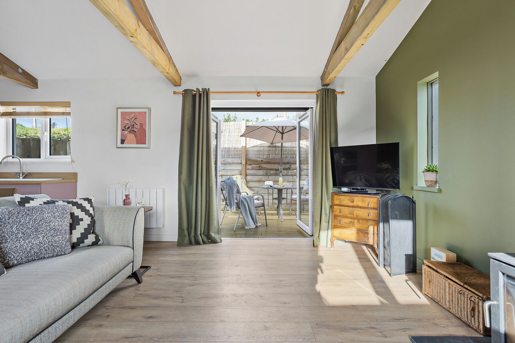 TV, fireplace, books