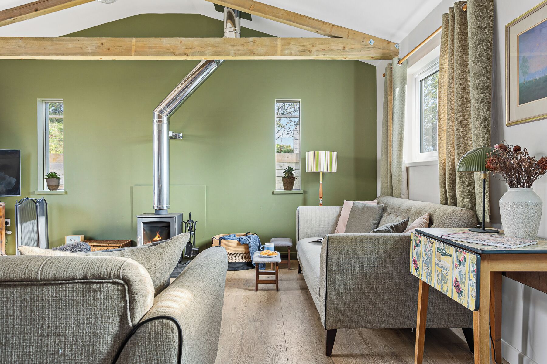 TV, fireplace, books