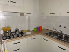 Kühlschrank, Mikrowelle, Herdplatte, Kochgeschirr/Geschirr/Besteck