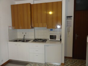 Kühlschrank, Mikrowelle, Herdplatte, Kochgeschirr/Geschirr/Besteck