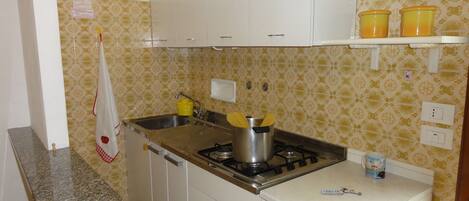 Fridge, microwave, stovetop, cookware/dishes/utensils