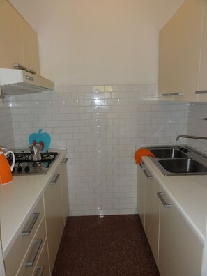 Fridge, microwave, stovetop, cookware/dishes/utensils